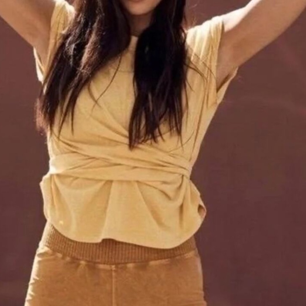 Free People FP Movement Swaying Sunflowers Wrap Tie Short Sleeve Tee Top Yellow